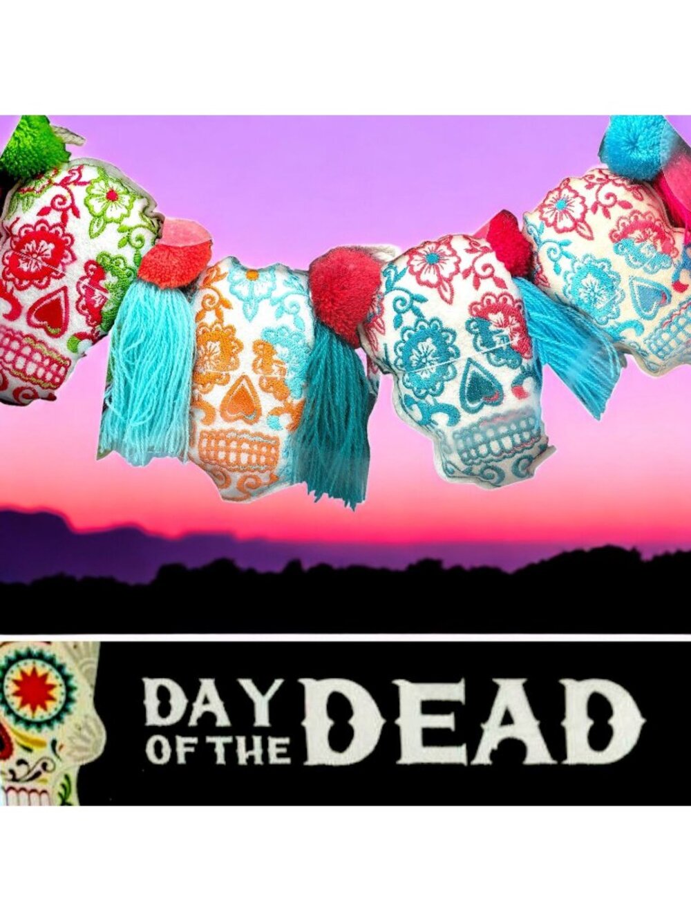 Sugar Skull Garland Day of the Dead Poms Poms Tassels Halloween Banner 7ft